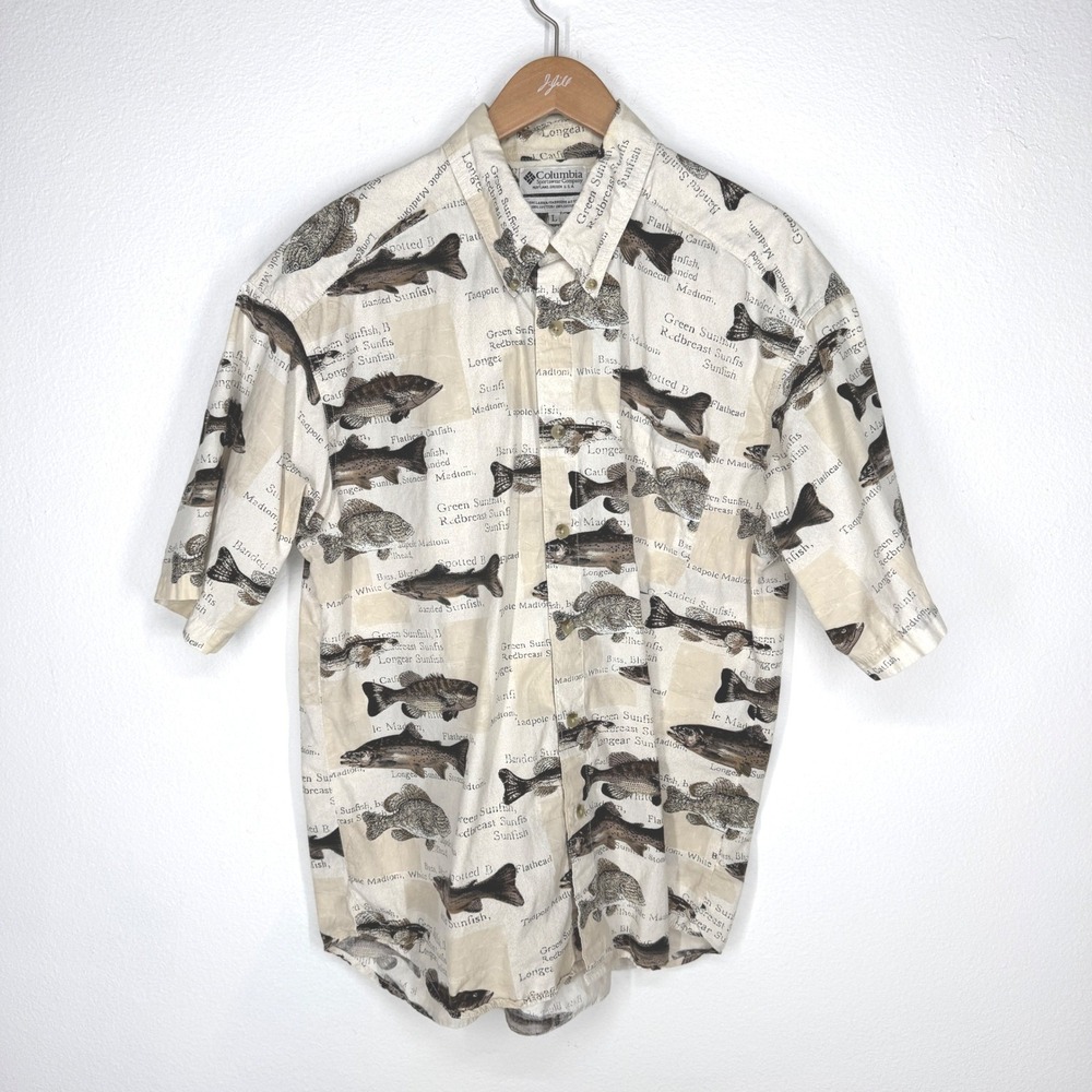 Columbia Mens Large Fish Print Button Oxford Shirt Short Sleeve Cotton Vintage